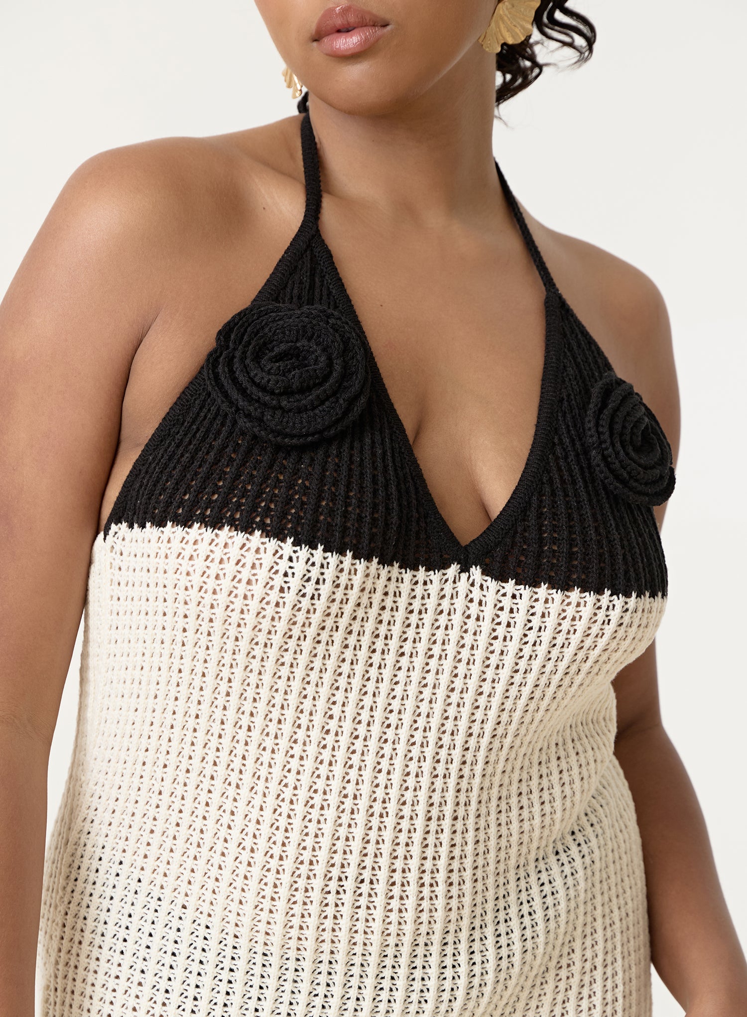 Cream And Black Knit Corsage Maxi Dress